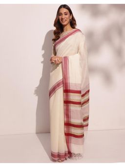 Fabindia - Maroon and Natural Cotton Silk Woven Saree Without Blouse