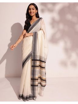 Fabindia - Black and Natural Cotton Silk Woven Saree Without Blouse