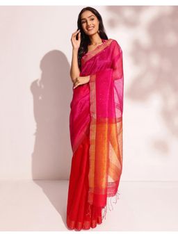 Fabindia - Pink Silk Blend Hand Woven Saree Without Blouse