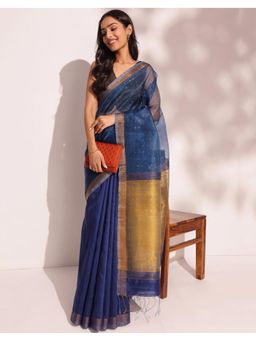 Fabindia - Navy Silk Blend Hand Woven Saree Without Blouse