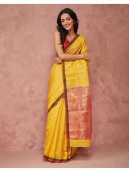 Fabindia - Mustard Cotton Silk Blend Maheshwari Sari