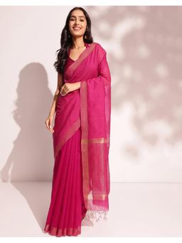 Fabindia - Pink Cotton Silk Blend Hand Woven Saree Without Blouse