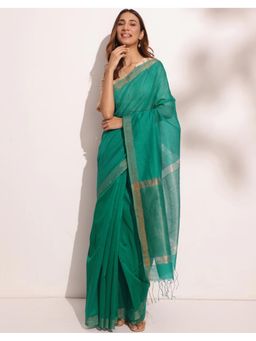 Fabindia - Teal Cotton Silk Blend Hand Woven Saree Without Blouse
