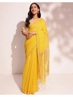 Fabindia - Yellow Cotton Silk Blend Hand Woven Saree Without Blouse