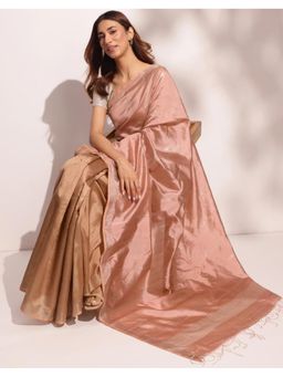 Fabindia - Peach Silk Blend Hand Woven Saree Without Blouse