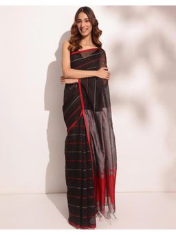 Fabindia - Black Viscose Silk Blend Hand Woven Saree Without Blouse