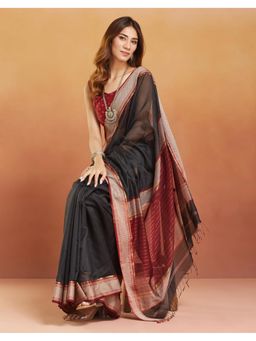 Fabindia - Black Cotton Silk Blend Maheshwari Sari