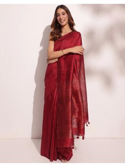 Fabindia - Maroon Silk Hand Woven Saree Without Blouse