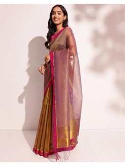 Fabindia - Yellow Silk Blend Hand Woven Saree Without Blouse