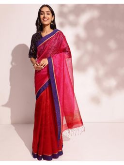 Fabindia - Red Silk Blend Hand Woven Saree Without Blouse