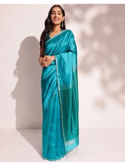 Fabindia - Turquoise Silk Blend Hand Woven Saree Without Blouse