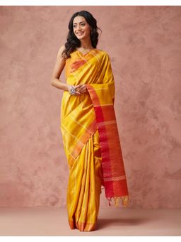 Fabindia - Mustard Silk Hand Woven Saree Without Blouse