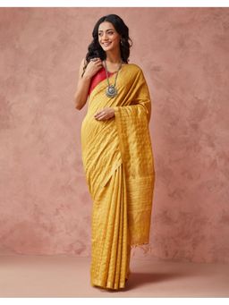 Fabindia - Mustard Silk Blend Woven Saree Without Blouse