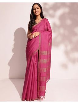 Fabindia - Pink Cotton Silk Blend Woven Saree Without Blouse