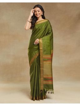 Fabindia - Green Silk Woven Saree Without Blouse