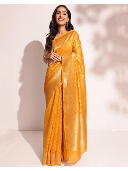 Fabindia - Mustard Cotton Silk Blend Woven Saree Without Blouse