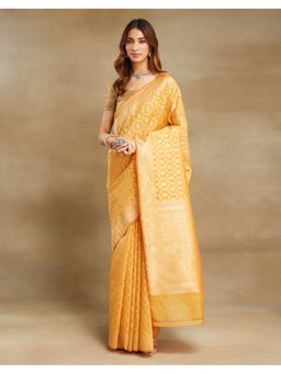 Fabindia - Mustard Cotton Silk Blend Woven Saree Without Blouse