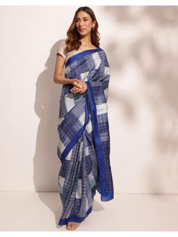 Fabindia - Navy Blue Silk Hand Block Printed Saree Without Blouse