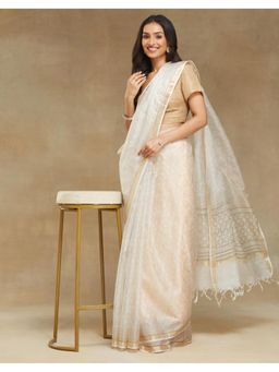 Fabindia - White Silk Blend Hand Block Printed Saree Without Blouse