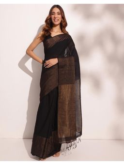 Fabindia - Black Cotton Blend Hand Woven Saree Without Blouse