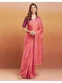 Fabindia - Pink Cotton Blend Hand Woven Saree Without Blouse