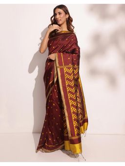 Fabindia - Maroon Silk Ikat Woven Saree Without Blouse