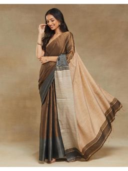 Fabindia - Brown Cotton Blend Hand Woven Saree Without Blouse