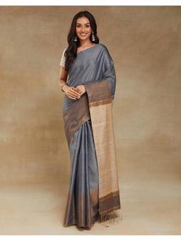 Fabindia - Grey Cotton Blend Hand Woven Saree Without Blouse
