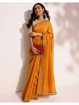 Fabindia - Mustard Cotton Silk Embroidered Saree Without Blouse