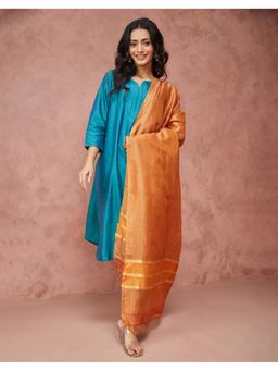 Fabindia - Orange Silk Blend Stripes Zari Woven Dupatta