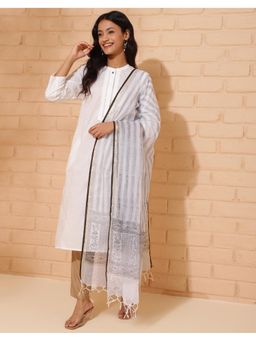 Fabindia - Off White Natural Cotton Silk Blend Hand Block Printed Dupatta