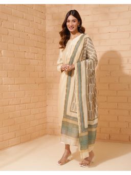 Fabindia - Beige Cotton Silk Blend Floral Printed Dupatta