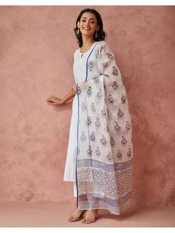 Fabindia - White Natural Cotton Silk Hand Block Printed Dupatta