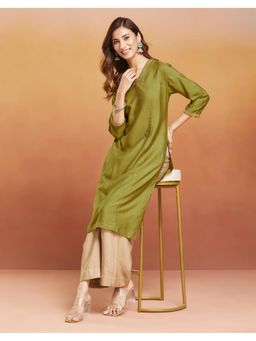 Fabindia - Green Viscose Silk Slim Fit Long Kurta