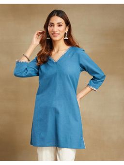 Fabindia - Blue Cotton Thigh Length Short Kurta