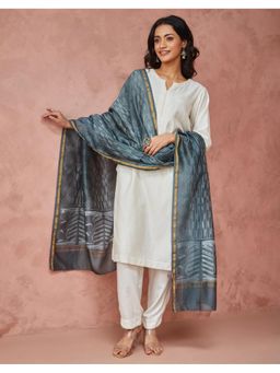 Fabindia - Teal Cotton Silk Blend Printed Dupatta