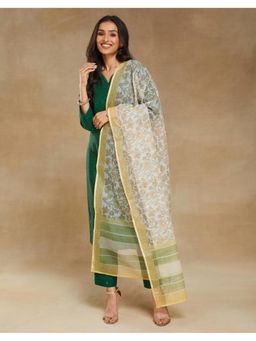 Fabindia - White Natural Cotton Silk Hand Block Printed Dupatta