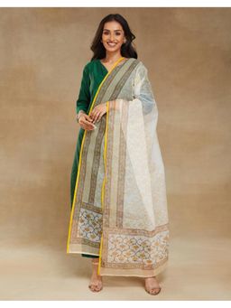 Fabindia - White Natural Cotton Silk Hand Block Printed Dupatta