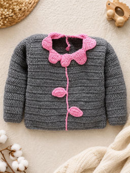 Woonie - Handknitted Full Sleeves Floral Design Sweater - Grey