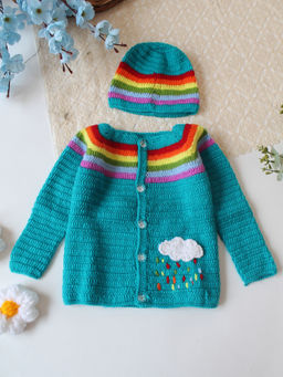 Woonie - Handknitted Striped Sweater With Cap - Blue