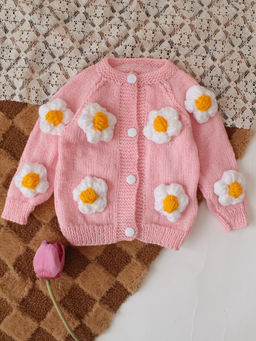 Woonie - Handknitted Floral Applique Sweater - Pink