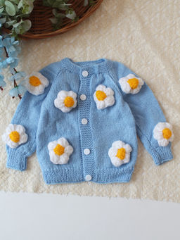 Woonie - Handknitted Floral Applique Sweater - Blue