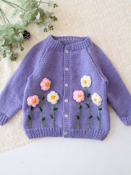 Woonie - Handknitted Floral Applique Sweater - Purple