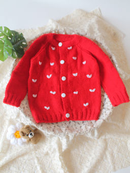 Woonie - Woodie Handknitted Heart Embroidered Sweater - Red
