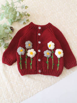 Woonie - Handknitted Floral Applique Sweater - Maroon