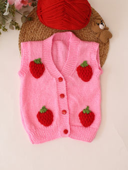 Woonie - Handknitted Strawberry Applique Sweater/Vest - Pink
