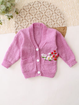 Woonie - Handknitted Floral Embroidered With Pocket Detailed Sweater - Purple