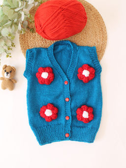 Woonie - Handknitted Floral Applique Sweater/Vest - Blue