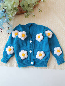 Woonie - Handknitted Floral Applique Sweater - Blue