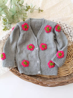 Woonie - Handknitted Floral Applique Sweater - Dark Grey